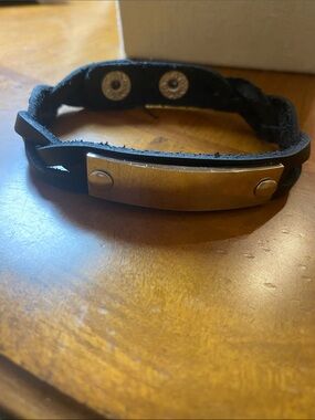 Plunder Black Leather Bracelet with Gold-Tone Plate